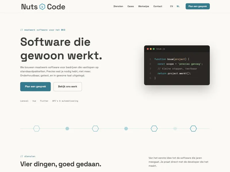Nuts & Code website voor maatwerk software en automatisering – Website